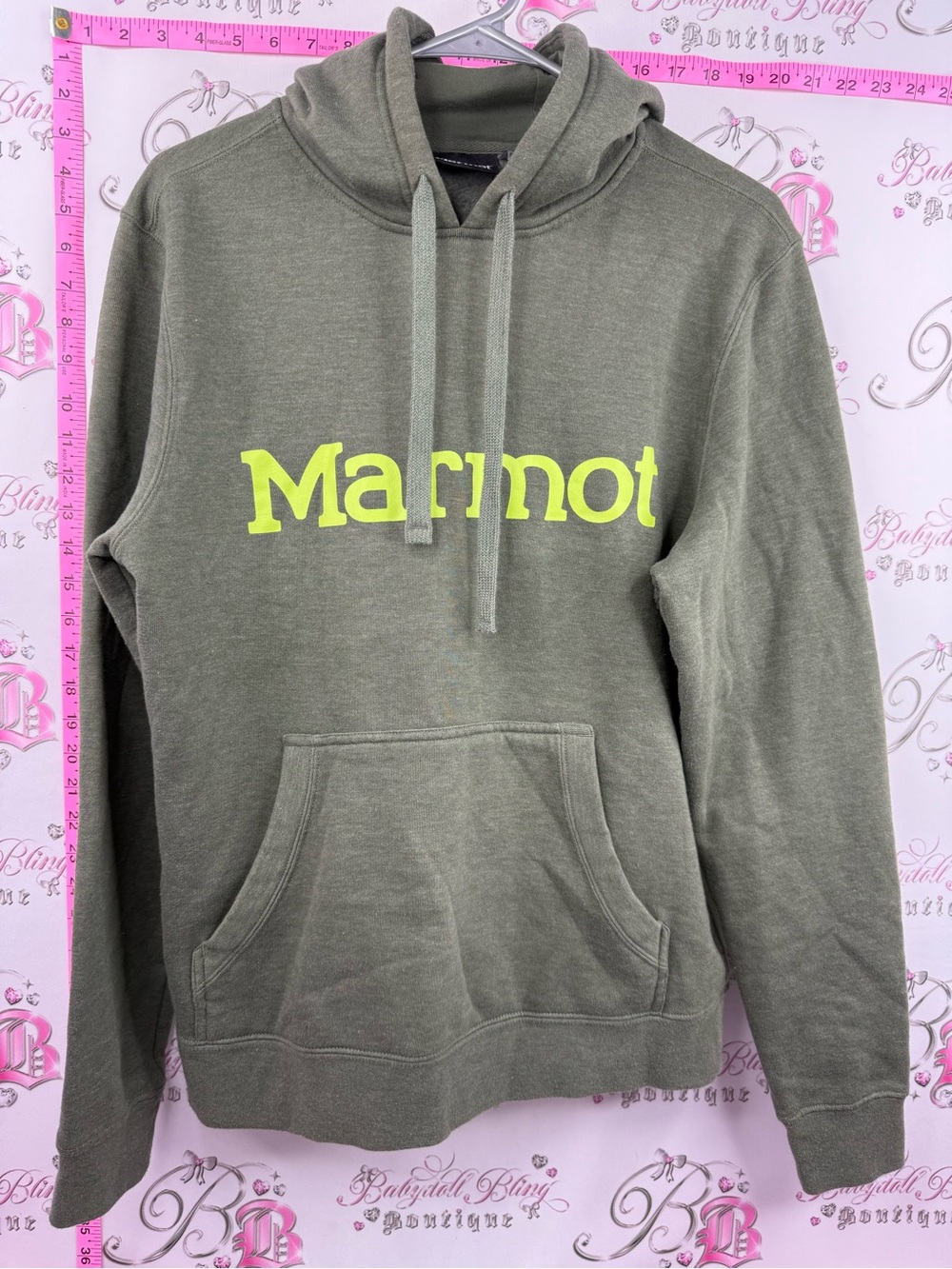 Marmot Olive Green Crewneck Hoodie with Neon Yellow Logo